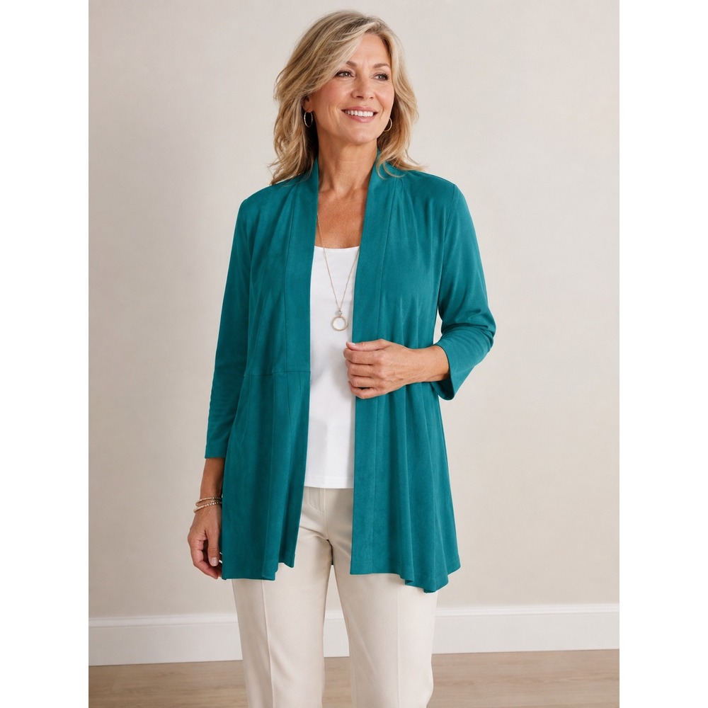 Chicos‎ Travelers Teal Green Open Front Longline Cardigan Jacket Womens Size S